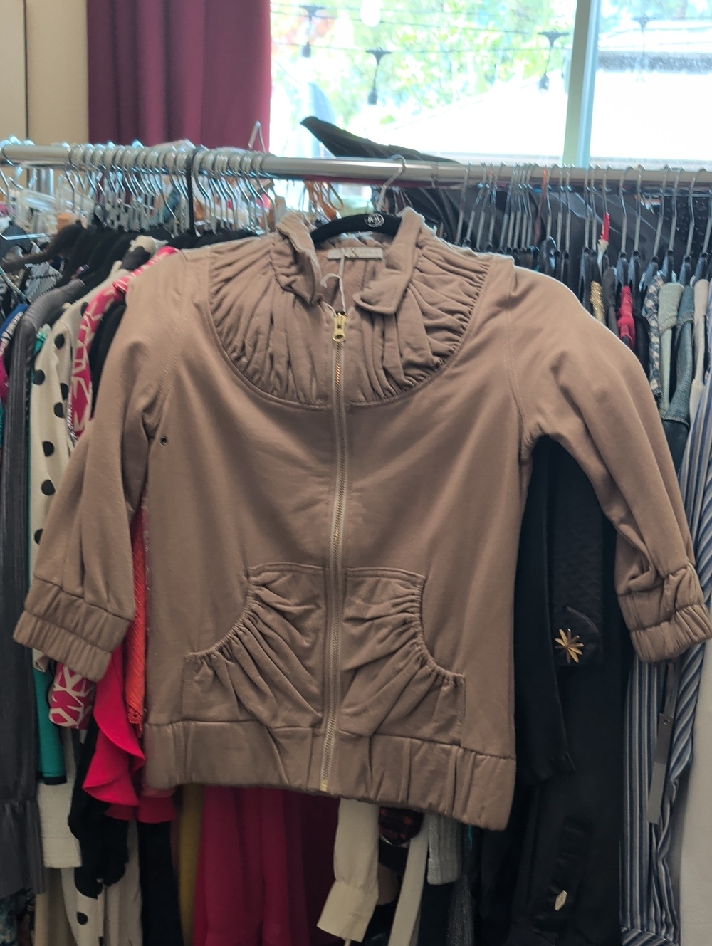 Mike & Chris Taupe Ruffled Collar Zip Jacket